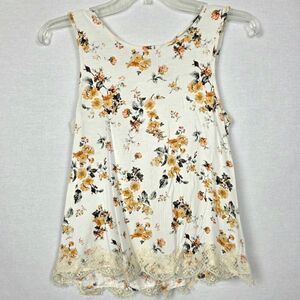 Rewind S Floral Lace Hem Tank Top Ivory Yellow Flowers